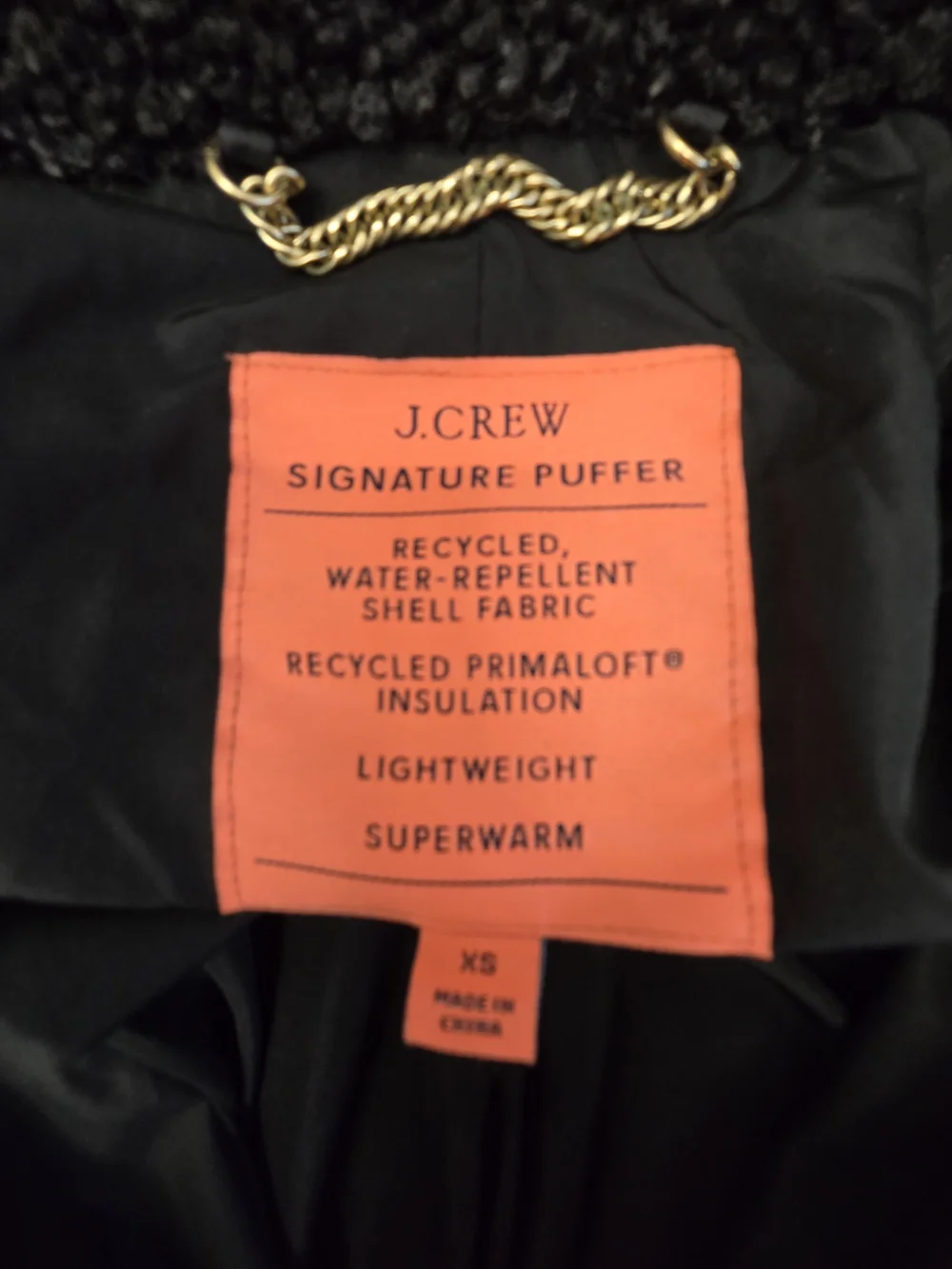 J. Crew Black Hooded Puffer Coat with Sherpa Trim